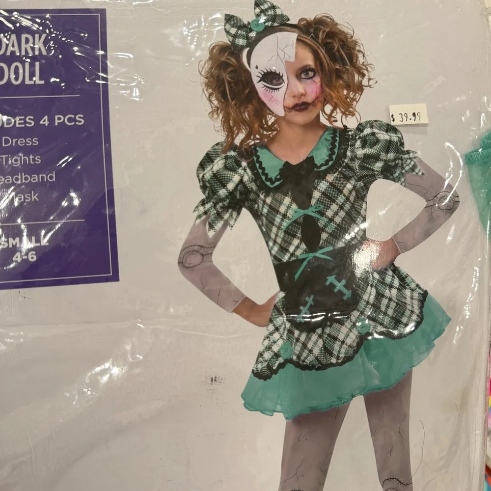 Good Dark Doll Costume Kids Small 4-6 Plaid Spooky Broken Porcelain Mask Set